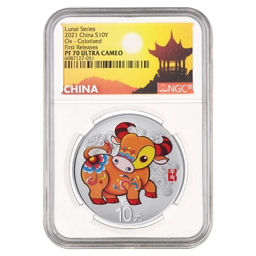 2021 China Year of the Ox 30 g Silver Lunar Colorized Proof ¥10 Coin NGC PF70