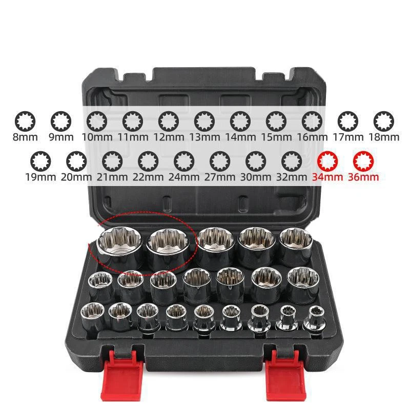 21pcs Spline Socket Set Metric 12 PT Point 1/2" Dr Gear Wall Rounded 8-36mm US - Image 2 of 4
