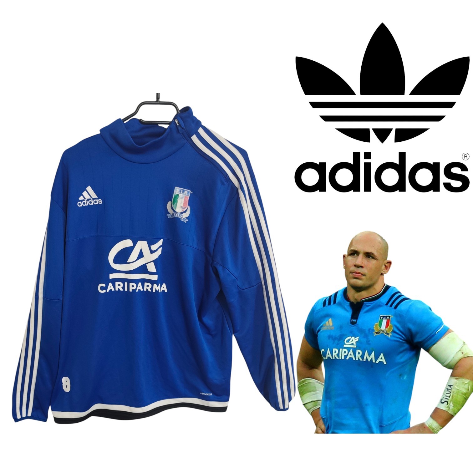 Adidas Italia six nations 2016 Pre Match rugby Sergio Parisse 8 Sweatshirt Felpa