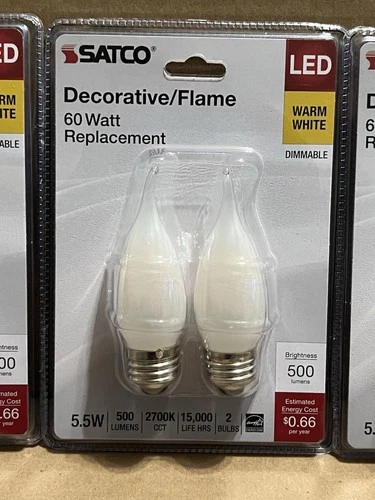 Satco S21853 Led Light Bulb 5.5W 60W Flame Tip Frosted CA10 3-Pack (6 Bulbs) New - Picture 3 of 4