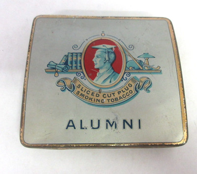 VINTAGE ADVERTISING  EMPTY ALUMNI CONCAVE POCKET TOBACCO TIN  D-555
