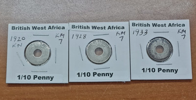 1920 KM, 1928, 1933  BRITISH WEST AFRICA 1/10 PENNY  (3 COINS)