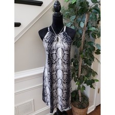 Nicole Miller Shift Dress Womens L Black White Snake Print Halter Neck Stretch