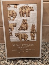 New Boutique Mud Pie Boy Girl Tan Bear Print Muslin Swaddle Blanket 47 X 47