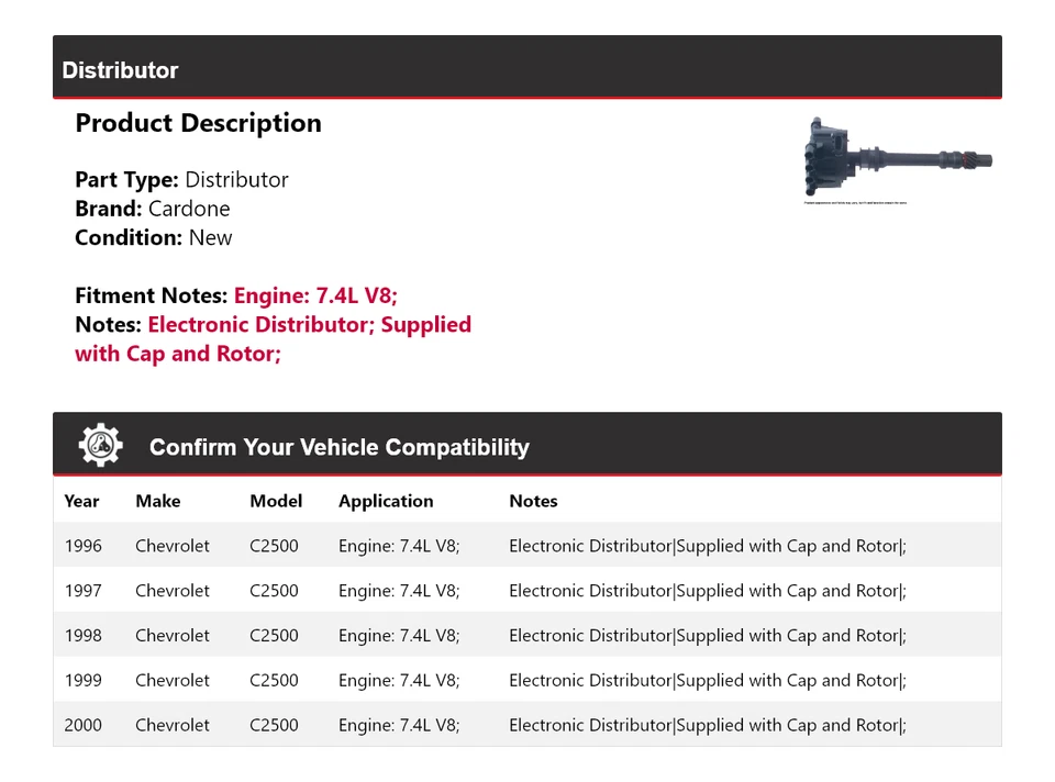Para 1996-2000 Chevrolet C2500 7.4L V8 Distribuidor Cardone 1997 1998 1999 - Imagem 2 de 4