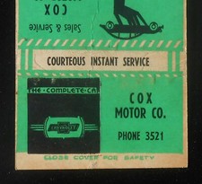 1930s? Cox Motor Co. Chevrolet Sales & Service Used Cars Phone 3521 Boaz AL MB