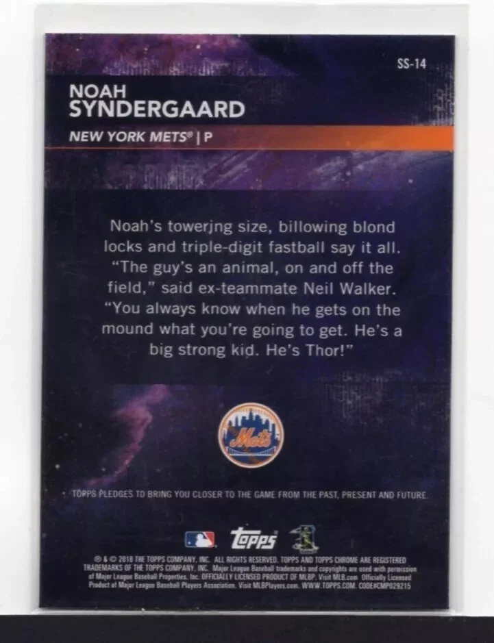 NOAH SYNDERGAARD : 2018 - TOPPS CHROME SUPERSTAR SENSATIONS - CARD  No # SS-14 - Image 2 of 2