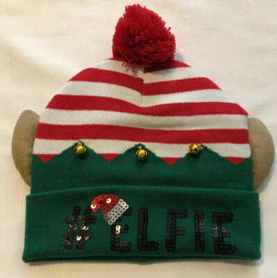 Christmas Stocking Hat Beanie # ELFIE Gold Jingle Bells Ugly Sweater Sequin NEW