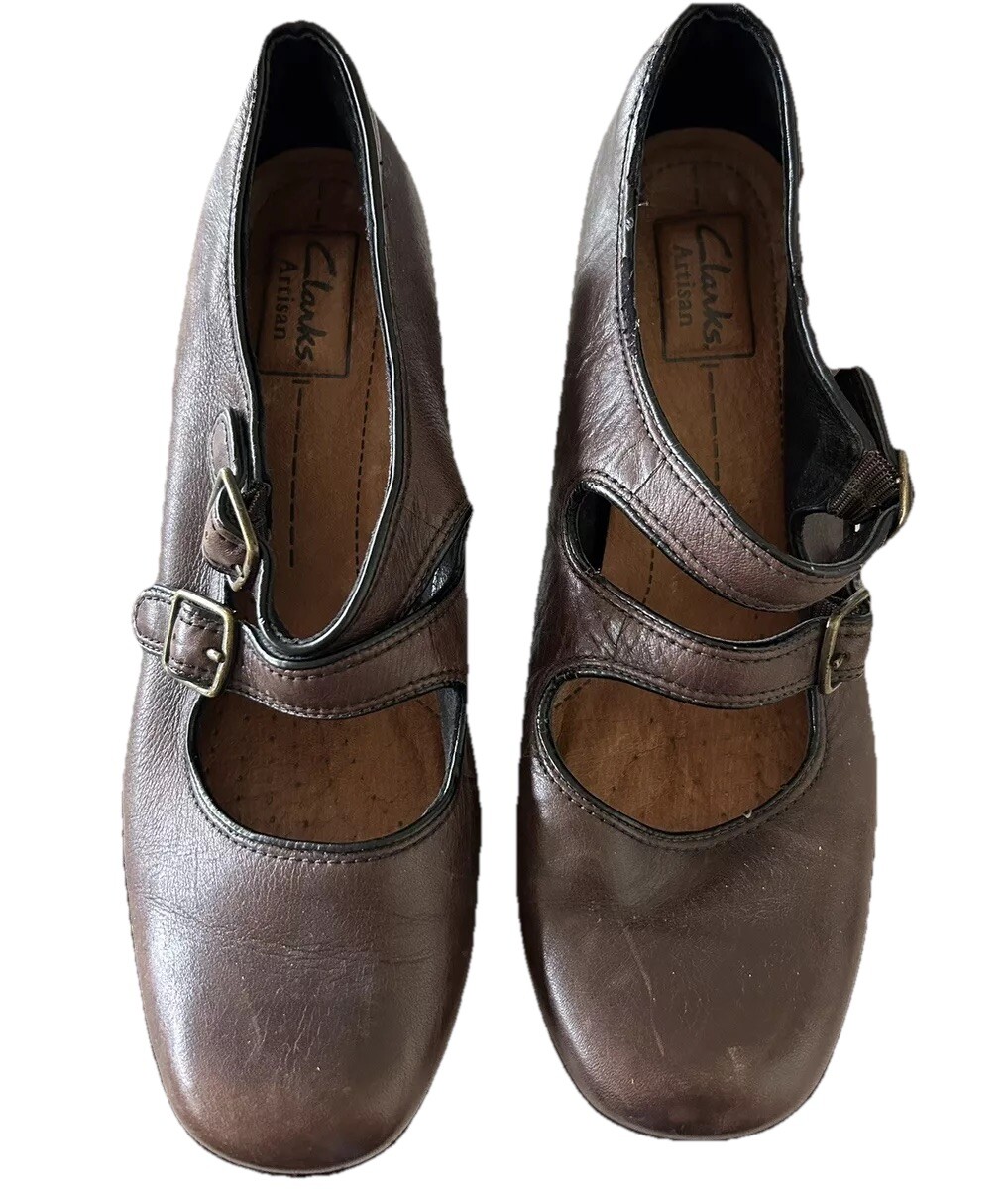 CLARKS ARTISAN Double Strap Mary Jane Heel Womens Size 8.5M Brown Leather Buckle
