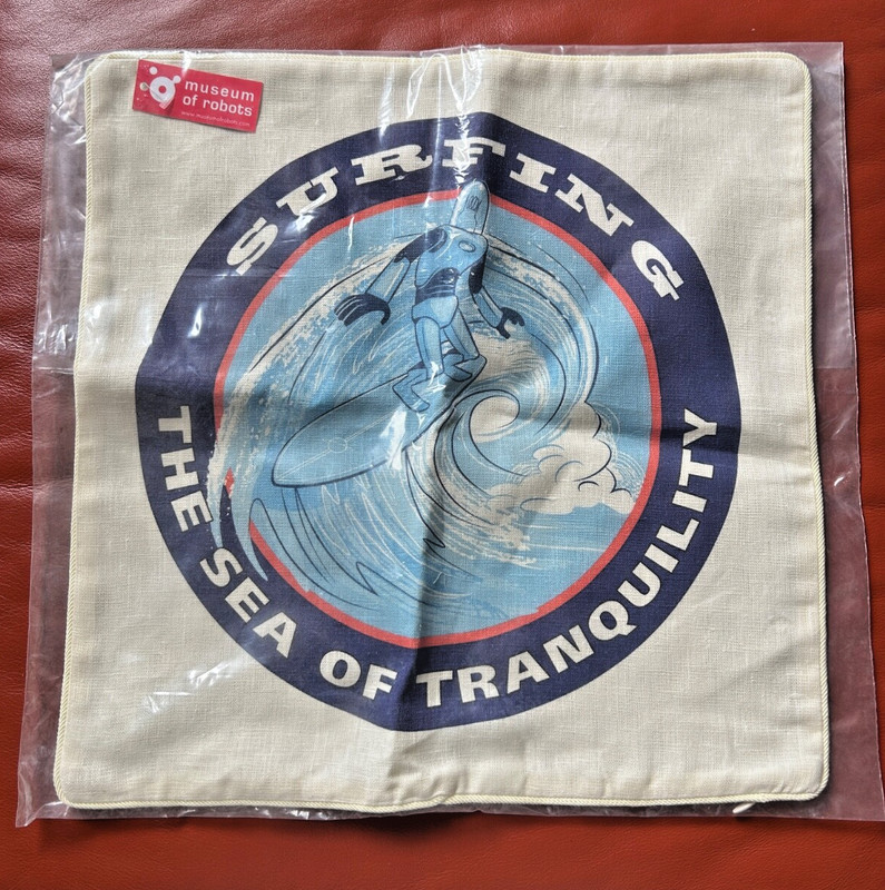 Museum of Robots "Surfing the Sea of Tranquility" pillow cover. Sci-Fi Surfer