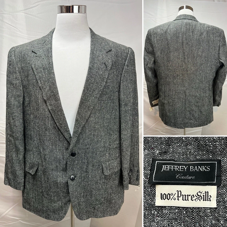 Chaqueta Blazer Jeffrey Banks Seda Manchada Negra Blanca 2 Botones 48R Vintage Nueva con Etiquetas Foto 4 de 4