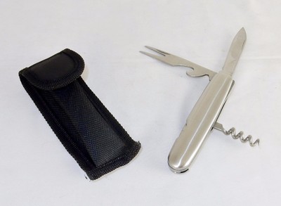 Knife-Multi-function Tool w/Pouch, Blade, Corkscrew, Bottle Opener, Fork TS-950