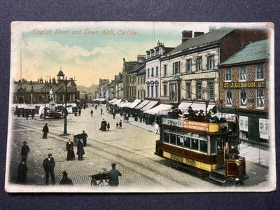 Englische Straße (mit Straßenbahn) Carlisle Cumberland Vintage Postkarte T3