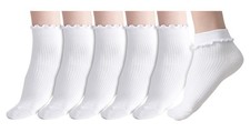 Cotton Ruffle Frilly Socks 6 Pairs Womens Ankle Turn Cuff Fashion Cute White