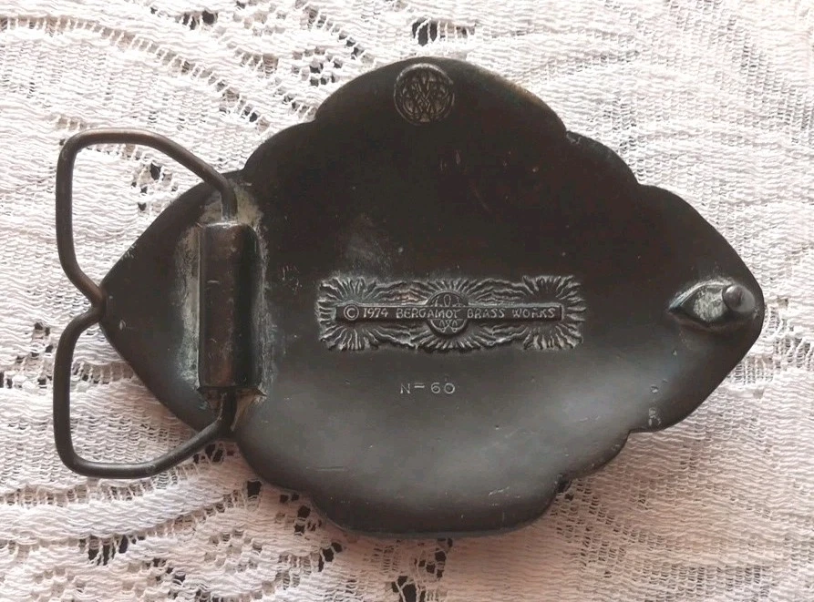 Vtg 1974 Bergamot Brass Works Belt Buckle Dragon Foo Dog Tiger Eye Stone - Image 2 of 4