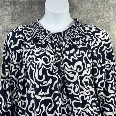 Susan Graver Blouse Womens XL Blue Geo Liquid Knit Tunic Tie Sleeve Smocked Neck