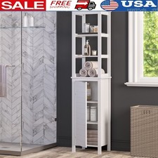 Tall Narrow Bathroom Linen Cabinet W/ Open Shelves  Concealed Storage New