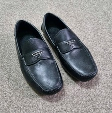 Prada Milano Black Saffiano Leather Drivers Loafers Enamel Triangle Logo 9.5-10
