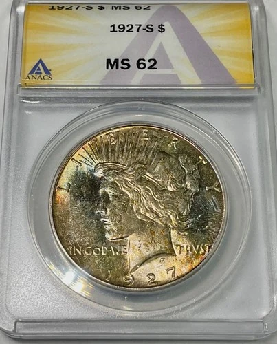 1927 S USA PEACE SILVER DOLLAR ANACS MS62 pleasing colourful coin Toner