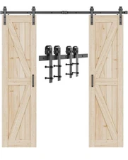 Signstek 8 FT Double Sliding Barn Door Hardware Track Kit, J Shape Hanger