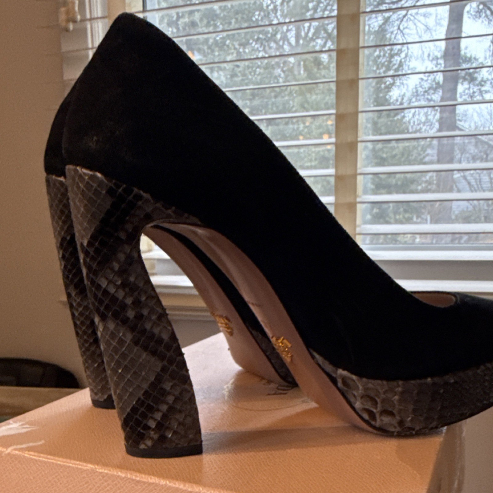 PRADA Black Suede Python Platform Block Heel Pump… - image 6