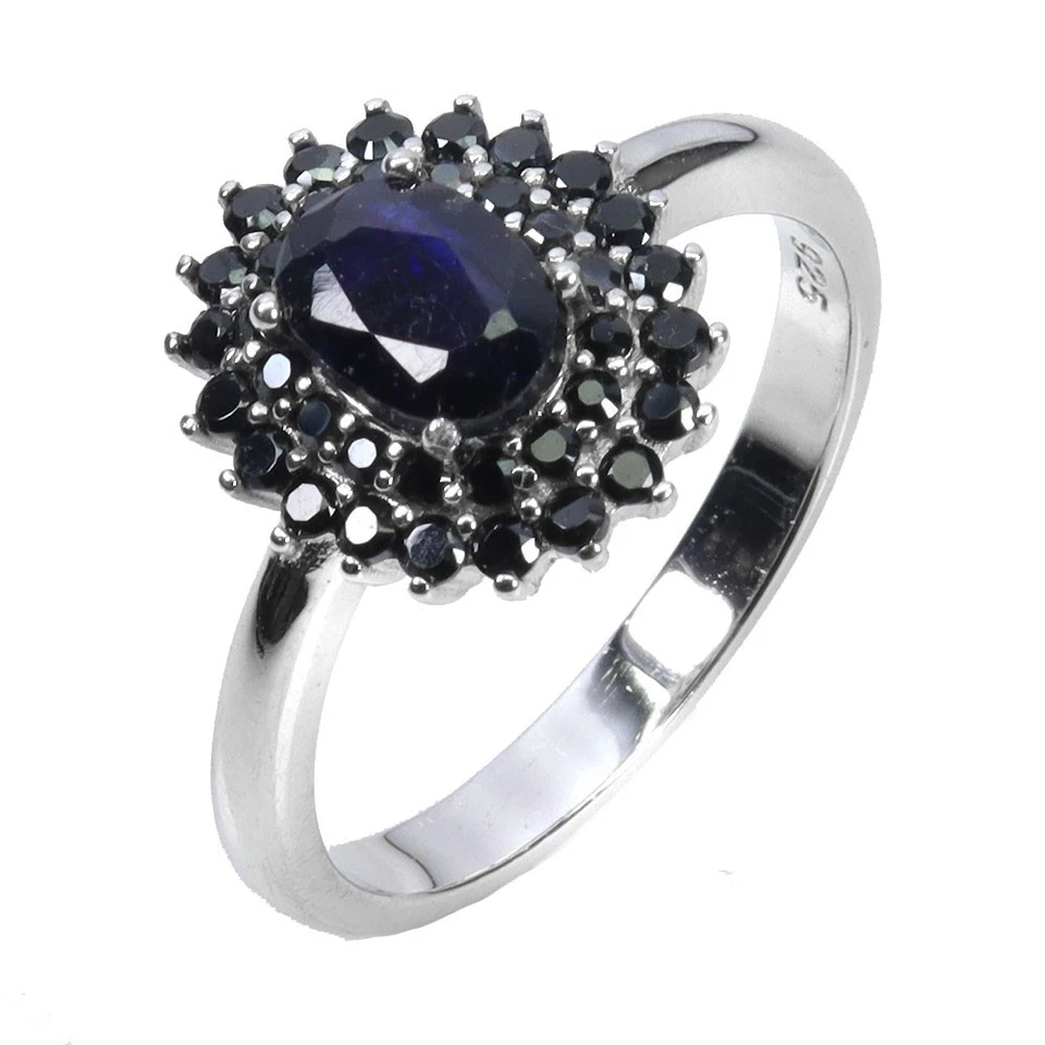 925 Anello Argento Sterling Ovale Zaffiro Blu 7x5mm Spinello Misura 8 Senza USA - Immagine 2 di 4
