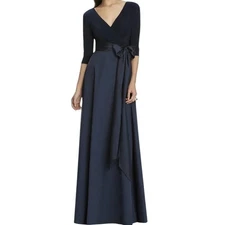 Alfred Sung D736 Midnight Blue 3/4 Sleeve Draped Full Skirt Dress 16 NWT