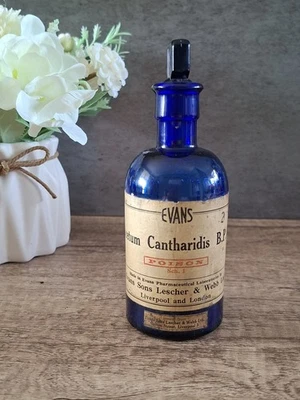 Vintage Ribbed Cobalt Blue Evans Poison Sch. 1 Bottle Acetum Cantharidis B.P.S. - Image 1 of 4