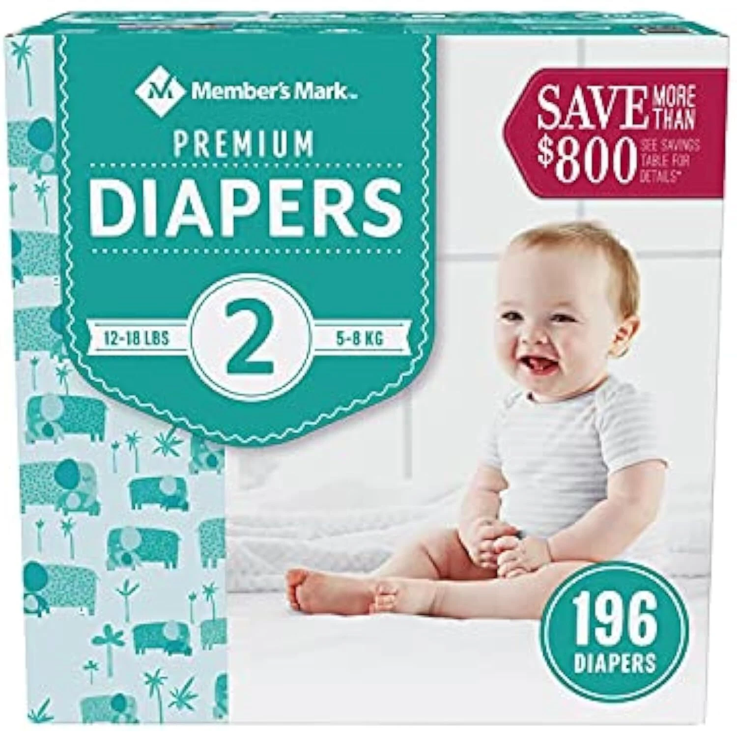 Member's Mark Premium Baby Diapers, Size 2 (12-18 Pounds), 196 Count