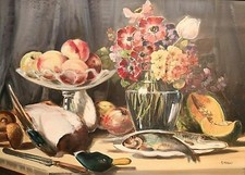 dipinto ad olio NATURA MORTA CON PESCI FRUTTA E FIORI firmato G. Meroli