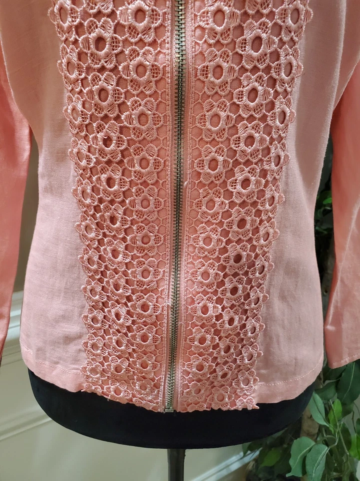 Ruby Rd. Women Pink Lace Floral Linen Long Sleeve Casual Full Zip Jacket Size 12 - Image 3 of 4