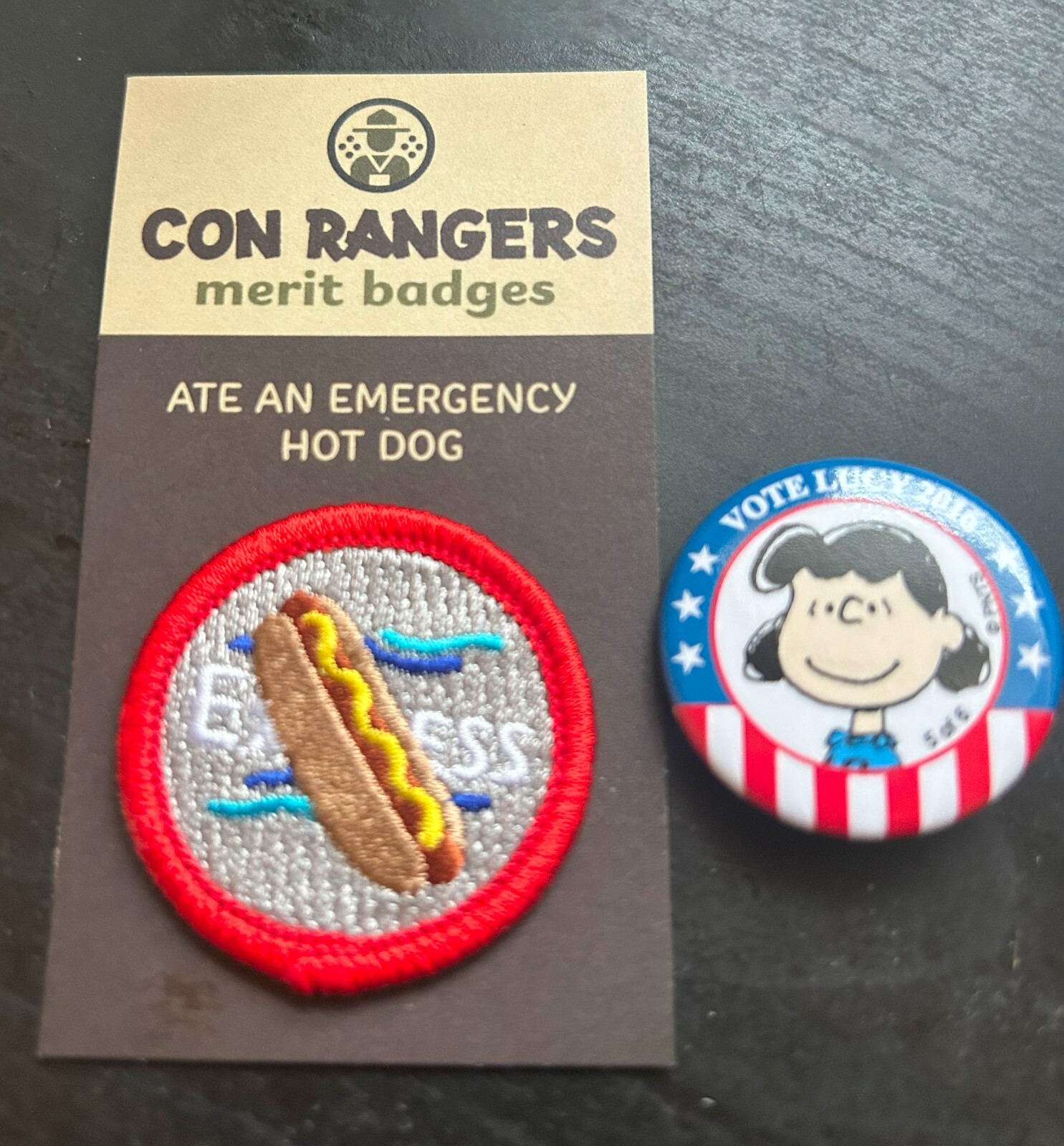 SDCC Exclusive Peanuts Con Rangers Merit Badge & Lucy Pin