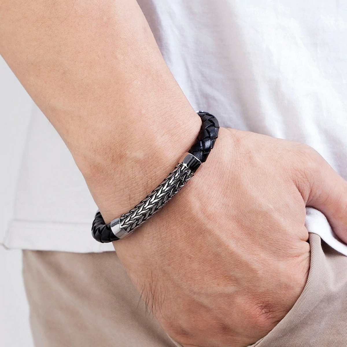 Bracelet Homme En Acier Et Cuir Noir – Fermoir Magnétique, Style Classique Et élégant (19, 21 Ou 23 Cm)