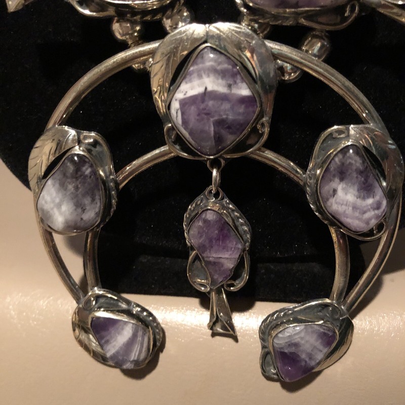 Native Jeweler  Coin Silver (.900) & Genuine AMETHYST Squash Blossom Necklace