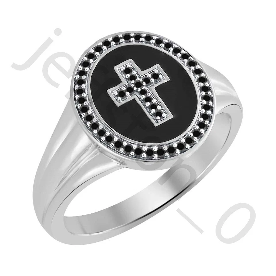 Anillo Pinky Esmalte Crucifijo Cruz Oro Blanco 14k Espinela Negra Creada 0.30ct Foto 2 de 4
