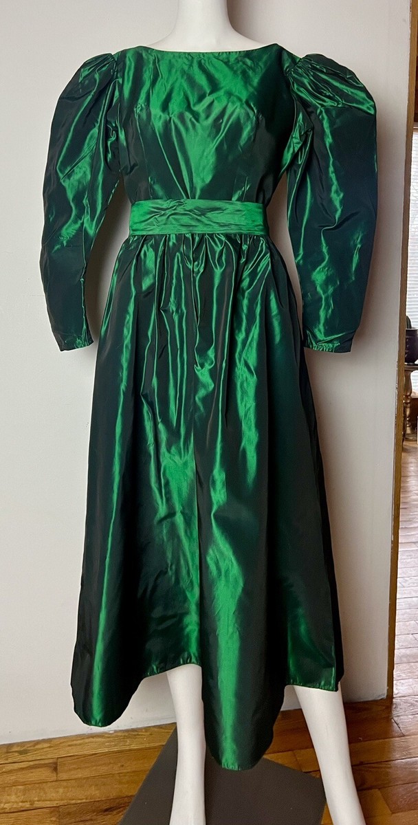 Vintage 80s Emerald Green Prom Dress Formal Puffed Sleeve Bow Taffeta  Women's 12 | eBay
