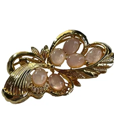 Vintage Gold Tone Pastel Pink Quartz Floral Brooch Estate Find 6 Stones