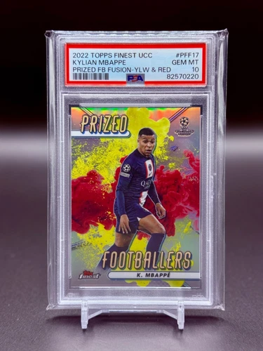 Kylian Mbappe 2022 Topps Finest PRIZED FOOTBALLERS FUSION YELLOW RED /65 PSA 10