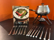 Stainless Steel Fondue set, burner, stand, 14 utensils & cookbook