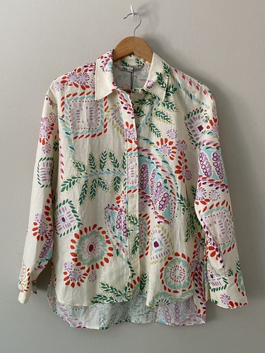 ZARA Colourful Linen Blend Floral Printed Shirt Blouse Size S Bloggers Fave  | eBay