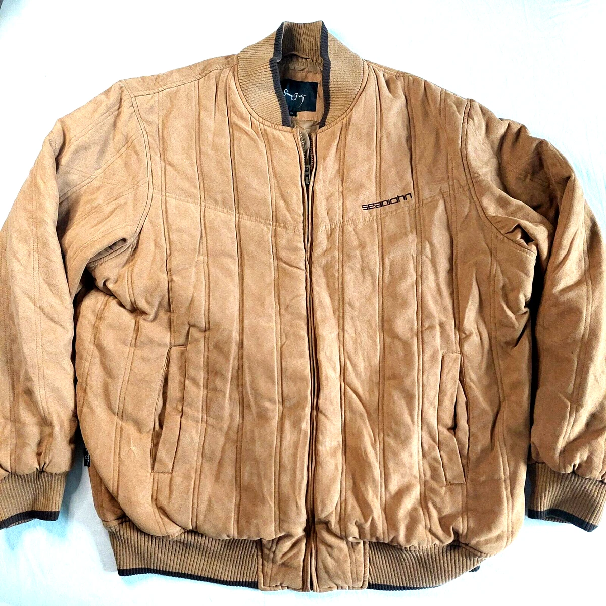 Sean John Jacket Men Bomber Faux Suede Full Zip Band Collar Hem Pockets SZ XL