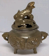 ANTIQUE BRASS INCENSE BURNER WITH LID HANDLED LION FU FOO DOG BIRD CHINESE