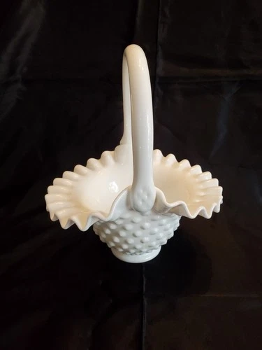 Vintage FENTON Hobnail MILK White Glass 7" BASKET Ruffle CRIMPED Candy Dish