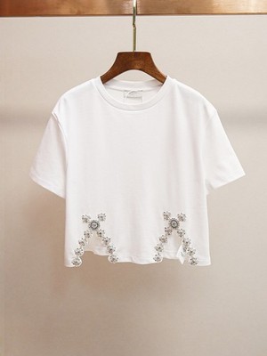   Authentic Sandro Women Rhinestone Slit Leisure Short Style T-Shirt Tops SML