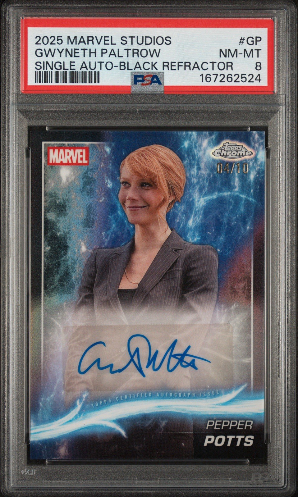 Topps 2025 Marvel Studios Chrome Gwyneth Paltrow Pepper Potts /10 Auto PSA 8
