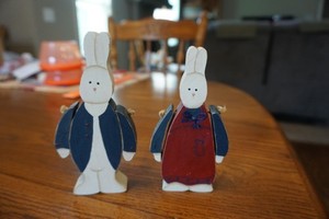 Vintage Hand Crafted And Painted Wooden Bunny Pair, jointed arms