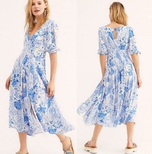 Free People $168 Blue Forever Always Dress Floral Midi Spring Coquette Fairy