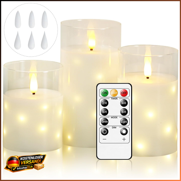 LED Kerzen Flammenlos Batteriebetrieben Mit Fernbedienung Und Timer 3Er-Set Weiß-image