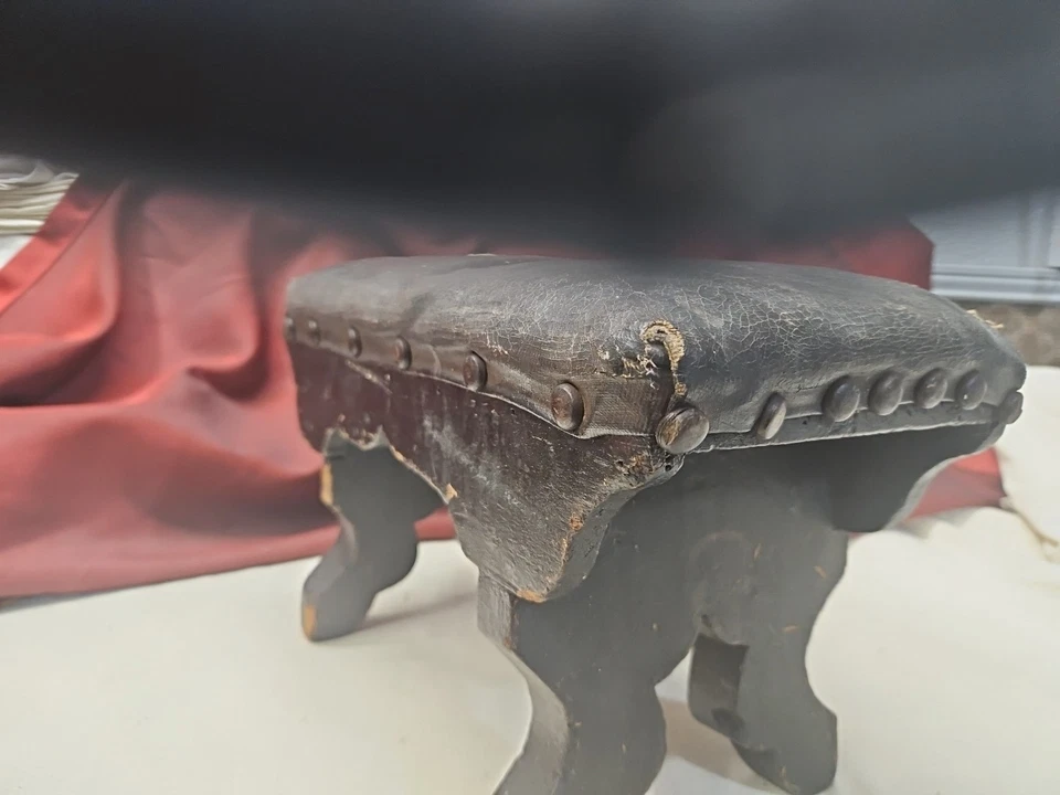 Antique,  Handmade Foot Stool.  Great Details. True Craftsmanship. Leather Top. - Image 3 of 4
