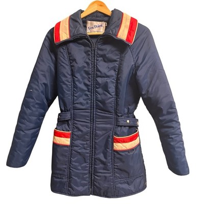 Vintage Fox Point Ski Jacket XS/10 Navy Retro Puffer Coat Red Stripe Winter